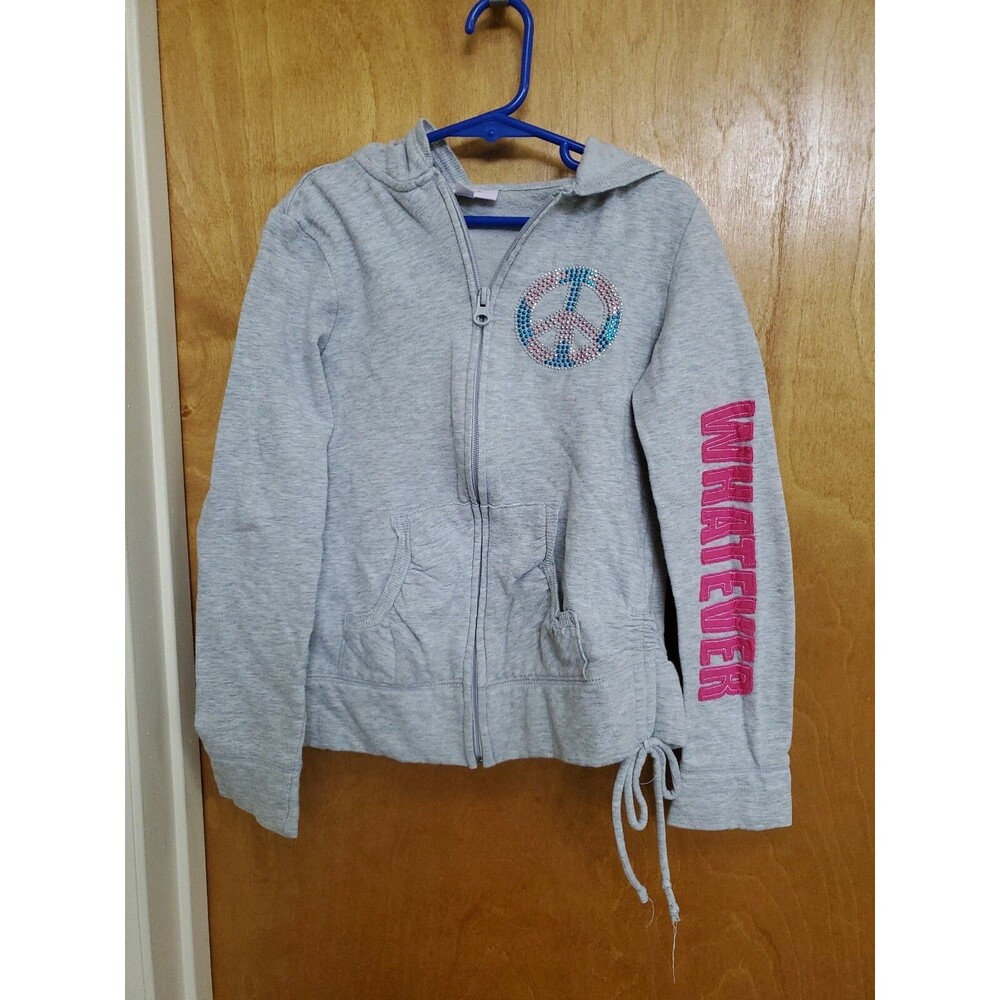 Girl's M gray hooded zip sweatshirt jacket outerwear peace sign